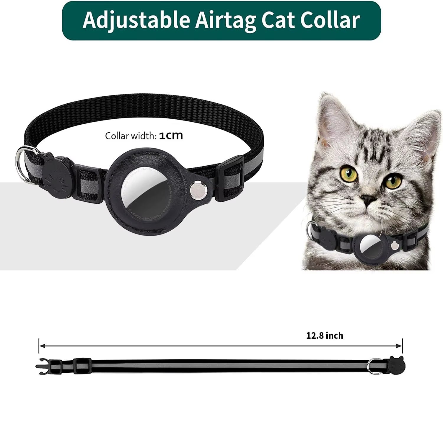 Adjustable Waterproof Cat Collar with Breakaway Safety, Reflective Strips, Bell, and Airtag Holder