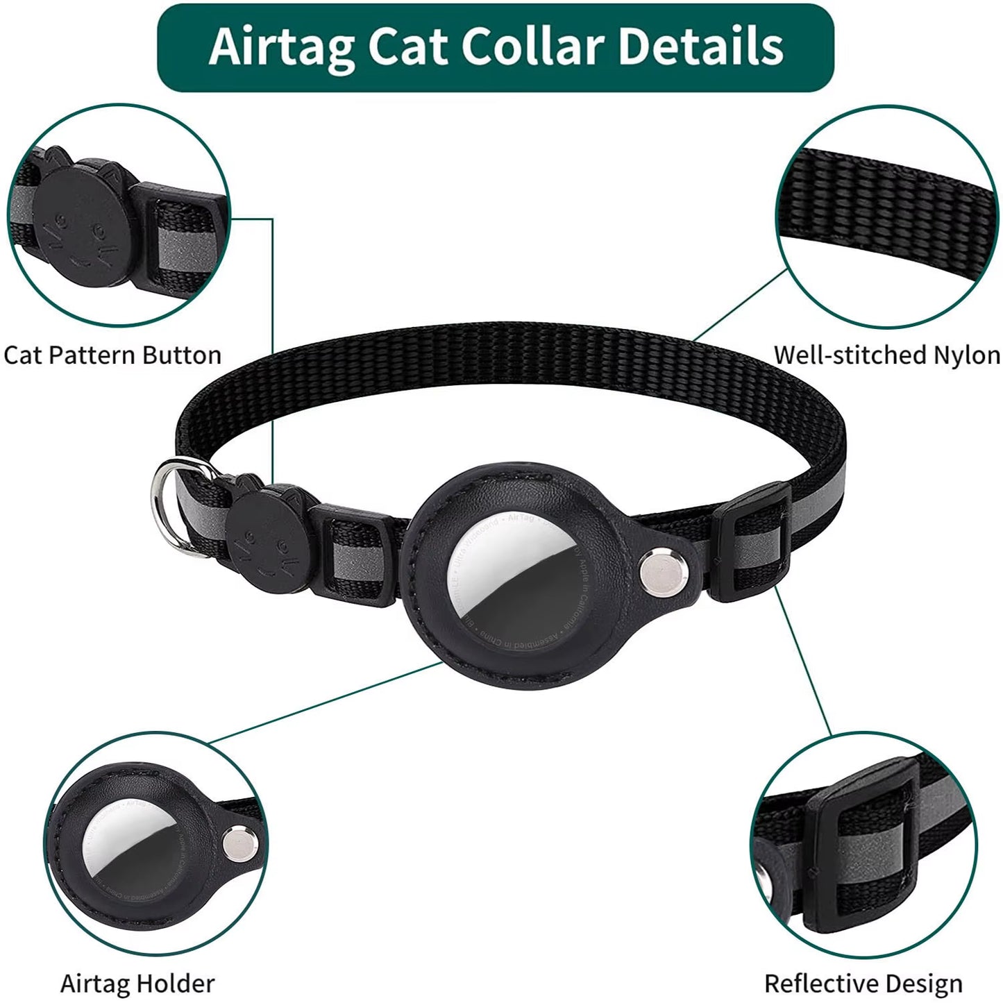 Adjustable Waterproof Cat Collar with Breakaway Safety, Reflective Strips, Bell, and Airtag Holder