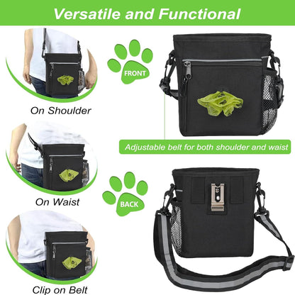 Premium Dog Training Treat Pouch & Poop Bag Dispenser - 6.5 Cups Capacity with Clicker and Bowl for Convenient Walks