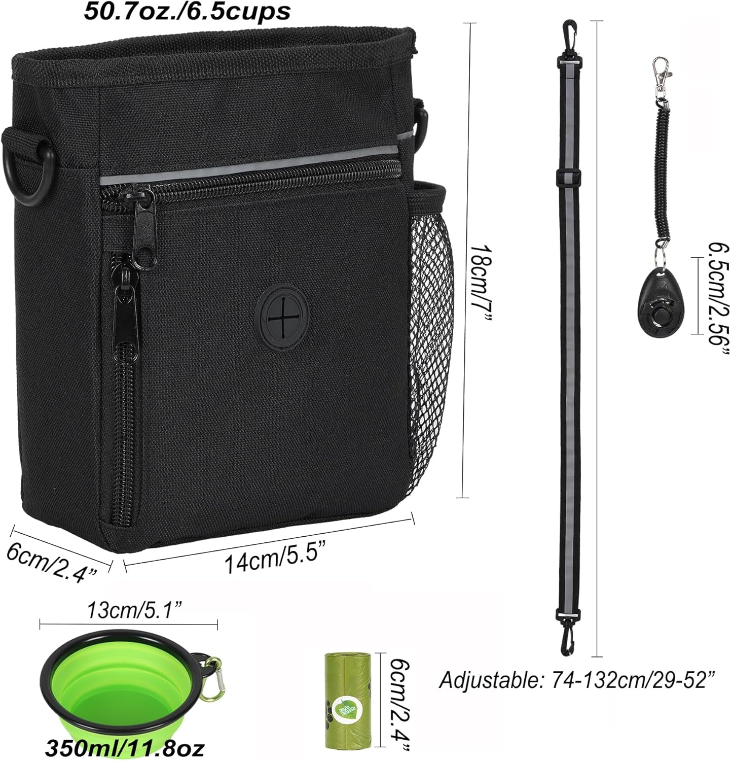 Premium Dog Training Treat Pouch & Poop Bag Dispenser - 6.5 Cups Capacity with Clicker and Bowl for Convenient Walks
