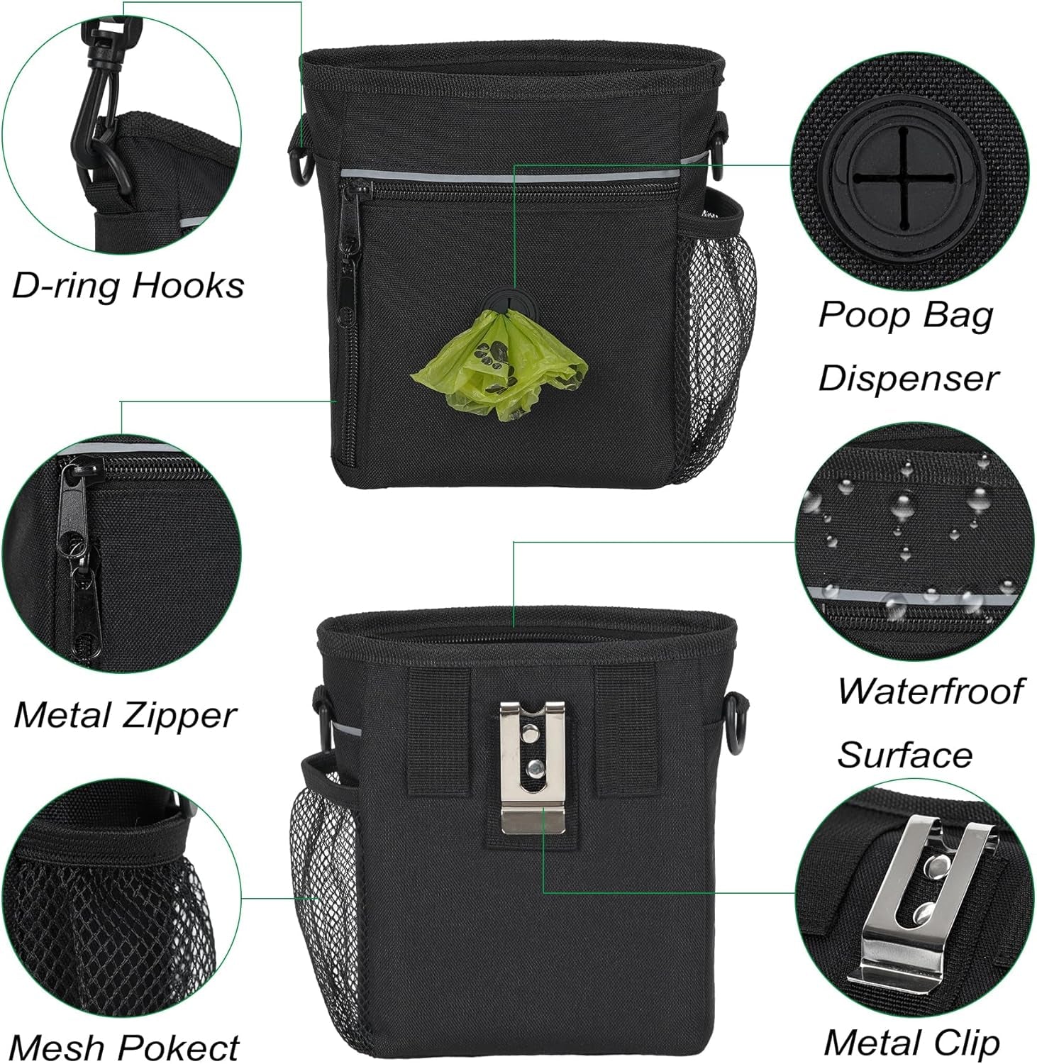 Premium Dog Training Treat Pouch & Poop Bag Dispenser - 6.5 Cups Capacity with Clicker and Bowl for Convenient Walks